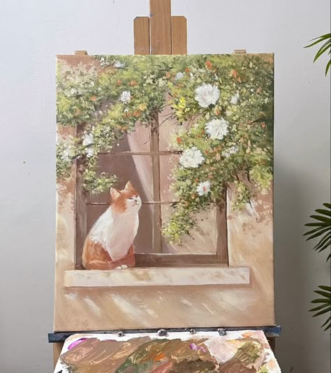 Painting Ideas Old Money, Cat Landscape Painting, Cute Aesthetic Painting Ideas, Painting Ideas Leaves, Painting Ideas Meaningful, Acyrilics Paintings, Cottagecore Painting Ideas, Painting In Bedroom, Oil Painting Window