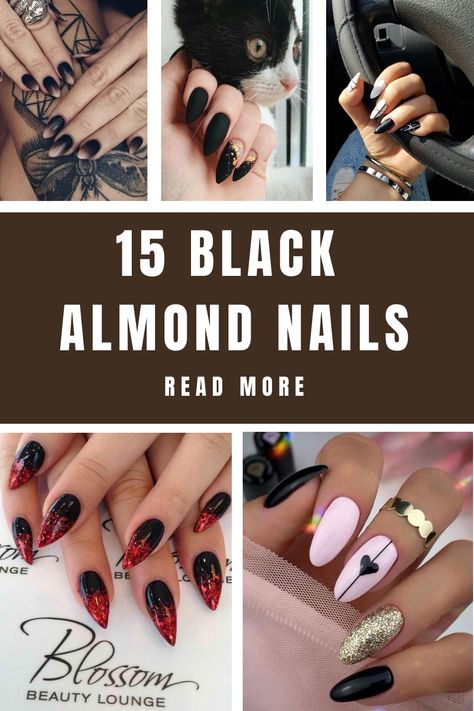 [object Object] Black Almond Nail Designs, Almond Nail Designs, White Almond Nails, Black Almond Nails, Unghie Sfumate, Kutek Disney, Matte Black Nails, Nail Art Designs Summer, Almond Shape Nails