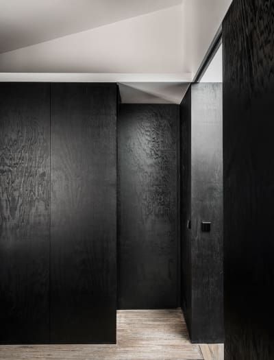 Black Plywood Wall, Dark Stained Plywood Walls, Black Stained Plywood Wall, Stained Plywood Ceiling, Stained Plywood Walls, Black Stained Plywood, Black And Wood Bedroom, Dark Wood Walls, Dark Plywood