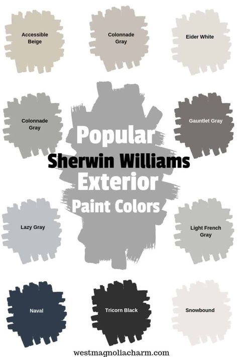 Check out some of the most popular Sherwin Williams exterior paint colors. These Sherwin WIlliams paint colors are guaranteed to boost the curb appeal of your homes exterior. #exterior #painting #outdoor #curbappeal Sherwin Williams Exterior Paint, Outdoor House Paint, Sherwin Williams Exterior Paint Colors, Sherwin Williams Exterior, Grey Exterior House Colors, Exterior Gray Paint, Gray House Exterior, House Paint Color Combination, Color Combinations Paint