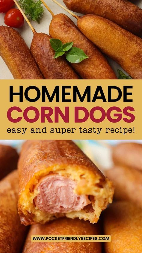 Homemade Supper Ideas, Corn Dog Recipes Homemade, Diy Corndogs, Homemade Corn Dogs Recipe, Jiffy Corndog Recipes, How To Make Corn Dogs, Pogo Recipe, Making Corn Dogs, Easy Corn Dog Recipe