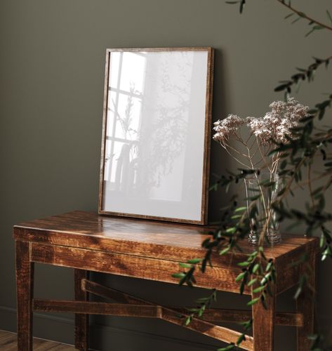 Vintage table with an antique frame waiting to be filled, fall botanicals, and a green plant against an dark green, olive wall Aesthetic Fall Decor, Refresh Home, Fall Decor Home, Vintage Thrift Stores, Organization Home, Aesthetic Fall, The Switch, Bedroom Refresh, Minimalist Lifestyle