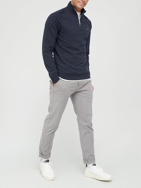 Farah men's jim 1/4 zip sweatshirt size & fit slim fit - order your usual size model is 6'1" and is wearing Estate Agent Outfit Men, Corporate Men’s Fashion, Quarterzip Outfits Men, Men Quarter Zip Sweater Outfit, Casual Work Outfit Men, Male Office Outfit, Men’s Clothing Business Casual, Jcrew Style Inspiration, Stylish Casual Outfits For Men