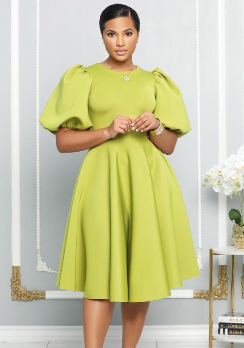 Item NO.: RE_9916Price: US$ 11.50Category: Dresses > Midi DressesColor: black, orange, green, blueSize: S, M, L, XLDescription: PolyesterDetail: This Round Neck Chic Puff Sleeve Slim Waist Swing a-Line Dress Design Made Of High Quality Polyster And Spandex Material. It Come With Good Stretch And Wearing Comfortable. Women’s Midi Dresses Is Omnipotent And Suit For All Kinds Of Occasions - Daily Wear, Go To The Church, Commuting And Events Occasion. Midi Dresses Should Not Be Boring, Find Best Mid Sleeve Straps, Church Dresses For Women, Elegant Dresses Classy, Classy Dress Outfits, Church Dresses, African Clothing Styles, Classy Casual Outfits, Elegant Dresses For Women, Latest African Fashion Dresses