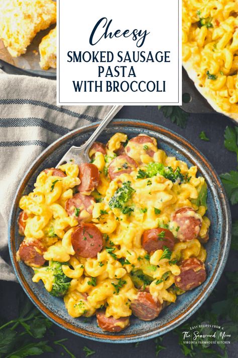 You can't beat the ease of this creamy and cheesy Smoked Sausage Pasta for a 30-minute dinner that the whole family will love. Made-from-scratch skillet mac and cheese is tossed with kielbasa and tender broccoli florets so that you get an entire meal in one pan. Cheesy Smoked Sausage Pasta, Sausage Pasta Skillet, Broccoli Sausage, Skillet Mac And Cheese, Sausage And Broccoli, Smoked Sausage Pasta, Pasta With Broccoli, Smoked Sausage Recipes, The Seasoned Mom