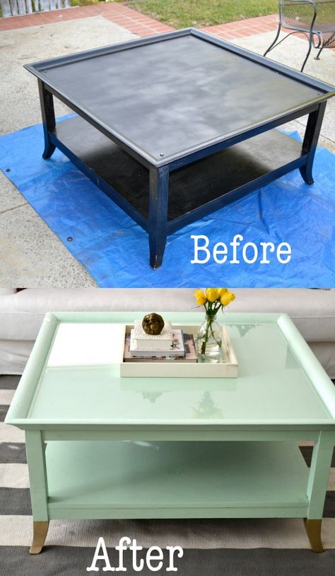 Old black coffee table from craigslist painted mint green with gold feet! great and easy DIY! Mint Coffee, Coffee Table Ideas, Coffee Table Makeover, Black Coffee Table, Kitchen Table Makeover, Black Coffee Tables, Table Makeover, Simple Green, Refurbished Furniture