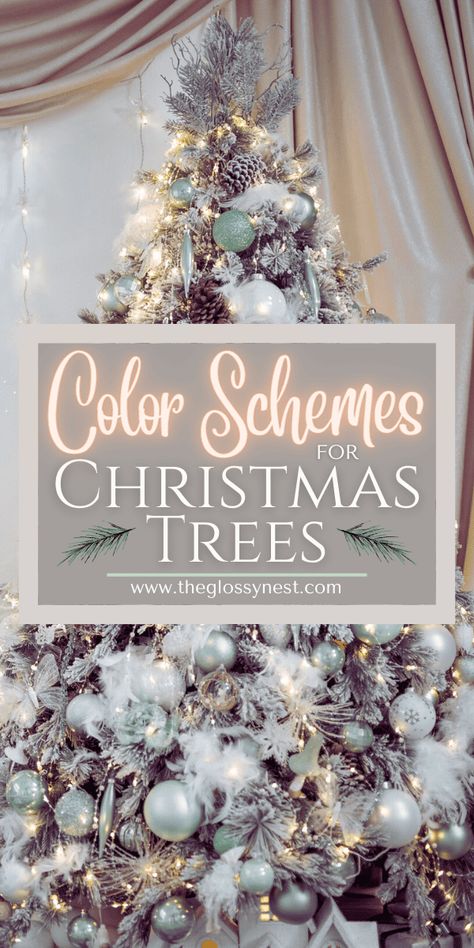 Sage And Navy Christmas Tree, Christmas Tree Color Theme Ideas, Pale Green Christmas Decor, Flocked Tree Color Schemes, White Silver Rose Gold Christmas Tree, Champagne Colored Christmas Tree, Champagne And Blue Christmas Tree, Trending Christmas Colors 2024, Color Schemes For Christmas Trees