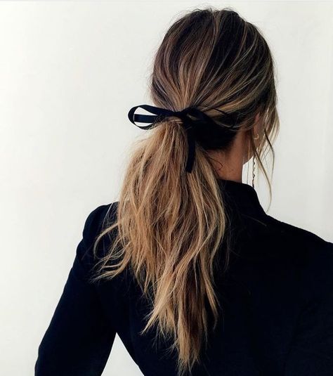 Ponytail with black ribbon. Such a cute hairstyle! #hairstyles #ponytail #ribbon #hair A Ponytail, Long Hair, A Woman, Hair, Black