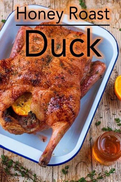 If you are looking for something a little bit different to serve on Christmas day, then why not try this Honey Roast Duck. Crispy roasted duck with a little sweetness from the honey and orange and a hint of thyme. The festive season doesn't have to be all about turkey, and your guests might appreciate the change. This recipe couldn't be easier, and it's cooked to perfection thanks to the Thermapen. #duck #thermapen #roastduck #duckalorange #orangeduck via @hhhdannii Whole Duck Recipes, How To Cook Duck, Roasted Duck Recipes, Goose Recipes, Slow Cooker Roast Beef, Roasted Duck, Roast Duck, Roast Chicken Recipes, Duck Recipes