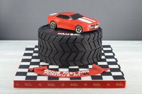 Car Shaped Cakes For Men, Tire Cakes For Men, Super Car Birthday Cake, Birthday Cake Race Car, Car Guy Cake Ideas, Sports Car Cake For Men, Tyre Cake Ideas, Rc Car Birthday Cake, Cake Racing Car