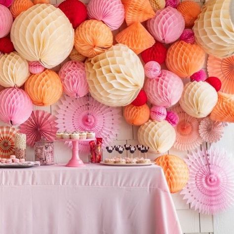 Paper Lanterns Birthday Party Decoration, Paper Fans And Balloons Backdrop, Honeycomb Ball Centerpiece, Streamer Ideas For Party, Honeycomb Ball Garland, Paper Ball Decorations, Honeycomb Party Decor, Paper Lantern Arch, Paper Honeycomb Decorations