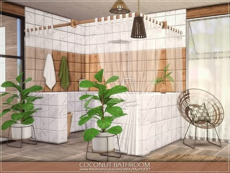 Tiny Eco House, Sims 4 Game Packs, Garden Bathtub, Camping Bathroom, Natural Showers, Tropical Bathroom, Cc Clothes, Waterfall Shower, Sims 4 Downloads