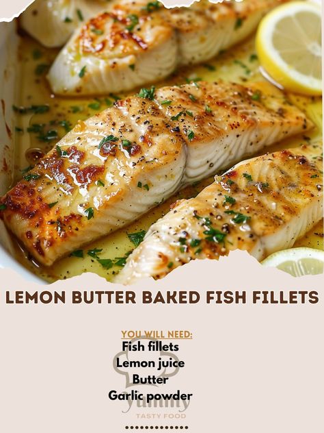 🍋 Dive into the zesty goodness of Lemon Butter Baked Fish Fillets! Perfectly tender and flavorful. 🐟🧈 #BakedFish #LemonButter Lemon Butter Baked Fish Fillets Ingredients: Fish fillets (4) Lemon juice (1/4 cup) Butter (1/4 cup, melted) Garlic powder (1 tsp) Salt and pepper (to taste) Fresh parsley (2 tbsp, chopped) Instructions: Preheat oven to 375°F (190°C). Arrange fillets in a baking dish. Mix melted butter, lemon juice, garlic powder, salt, and pepper. Pour over fish. Bake for 15-20 mi... Fish Bake, Birthday Dinner Menu, Baked Fish Fillet, White Fish Recipes, Roast Fish, Asian Noodle Recipes, Asian Noodle, Fish Fillets, Spring Birthday