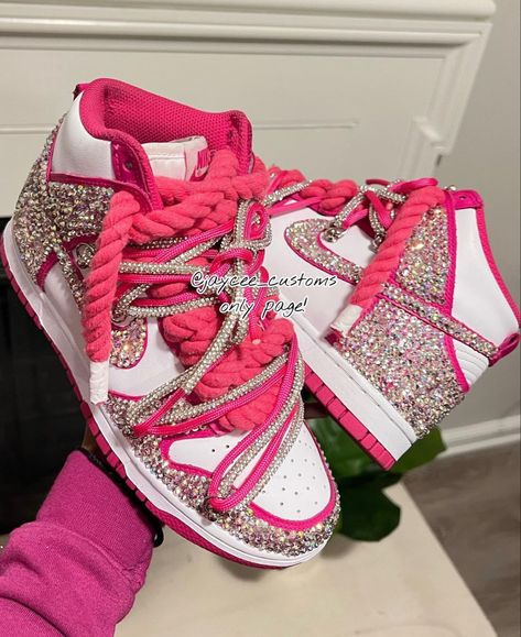 Sneaker Ball Shoe Ideas, Pink Custom Sneakers For Sports With Branded Heel, Pink Sporty Custom Sneakers With Laces, Luxury Pink Custom Sneakers, Luxury Pink Lace-up Custom Sneakers, Luxury Lace-up Custom Sneakers With Rhinestones, Crocs With Charms, Denim Diy Clothes, Bedazzled Shoes