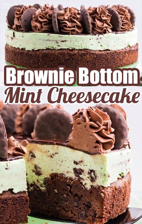 This amazing dessert combines delicious layer of brownie, a layer of Mint Chocolate Cheesecake and then all topped with whipped cream and cookies. #Dessert #Recipes Andes Mint Cheesecake, Mint Chocolate Chip Cheesecake, Brownie Crust, Mint Chocolate Cheesecake, Mint Desserts, Mint Cheesecake, Mint Chocolate Chip Cookies, Fudge Cookies, Chocolate Chip Cheesecake