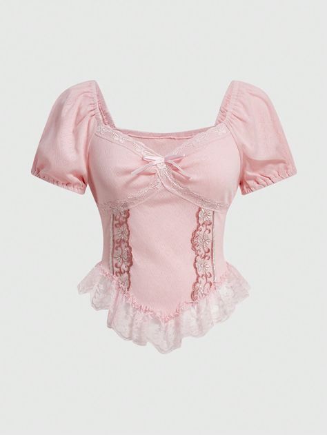 ROMWE Fairycore Women's Patchwork Lace Bowknot Decorated T-ShirtI discovered amazing products on SHEIN.com, come check them out! Coquette Shirt, Blouse Size Chart, Future Clothes, Baddie Outfits Casual, Pink Top, Pink Shirt, Korean Outfits, Pink Tops, New Outfits