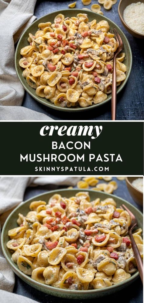 Creamy Bacon and Mushroom Pasta Mushroom And Onion Pasta, Bacon And Mushroom Pasta, Spicy Mushroom Pasta, Balsamic Mushroom And Sausage Pasta, Pasta With Bacon And Mushrooms, Pasta With Grape Tomatoes, Bacon Mushroom Pasta, Bacon Pasta Recipes, Mushroom Recipes Pasta