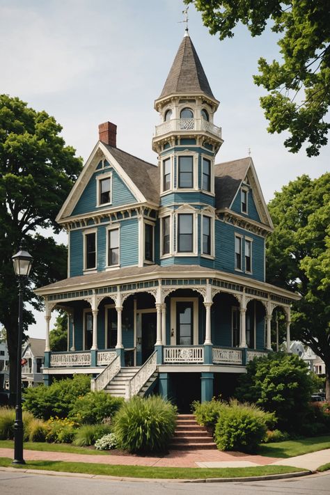 Victorian Charm: A Historical Tour of Cape May&#8217;s Architectural Wonders Early 1900s Architecture, Queen Anne Victorian House Exterior, Victorian House With Tower, Victorian Craftsman House, Victorian Homes Exterior Gothic, Old Victorian Homes Exterior, New England Architecture, Queen Ann Victorian Homes, House With Turret