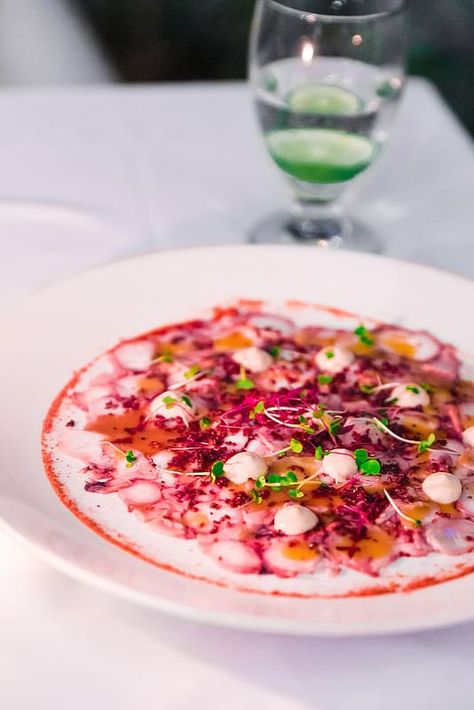 Next, we had an Octopus Carpaccio with Olive, Caper, Cherry Tomato Powder, Cumin Aioli: Octopus Carpaccio, Tomato Powder, Royal Pavilion, Cherry Tomato, Fun Dinners, Aioli, Beach Scenes, Holiday Destinations, Barbados