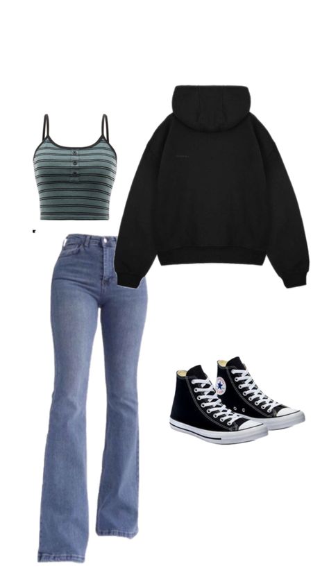 Blue bootcut jeans, blue wide leg jeans, stripped crop top, hoodie, converse shoe, black sneakers, black sweatshirt, college outfit, basic outfit, back to school outfit Outfits For Bootcut Jeans, Flared Pants Outfit Aesthetic, Bootcut Jeans Outfit Aesthetic, Bootcut Jeans Outfit Casual, Bootcut Pants Outfit, Basic Outfit Aesthetic, Casual Outfit College, Casual College Outfit, Blue Flare Pants