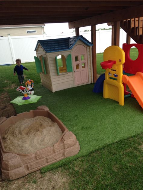 Play area we made for the wasted space under the deck:) Patio Under Decks, Play Area For Kids, Backyard Kids, Backyard Playset, Under Deck, Kids Yard, Outdoor Play Space, Play Area Backyard, Backyard Kids Play Area