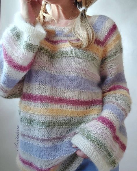 "Rainbow Pastel Sweater. Soo airy, super delicate.  ▫️Loose fit. ▪️Casual style. ▫️Soft and airy yarn. ▪️Consists of kidmohair and soft alpaca on silk. ▫️Width: approx 55 cm/22\"  Length: 65 cm/25 1/2 \" 💭 You can change the colors of the stripes. Write me in a personal message your preferences and I help you with the choice. The base of the milk sweater can also be replaced with another color. Write in private, I will help with this. Welcome! ❤ Have a look to more sweaters here: https://www.et Pastel Sweater Aesthetic, Pastel Knitted Sweater, Oversized Sweater Outfit Aesthetic, Soft Outfits Aesthetic, Stripe Crochet Sweater, Pastel Outfits Aesthetic, Sweaters Aesthetic, Pastel Clothes, Sweater Colorful