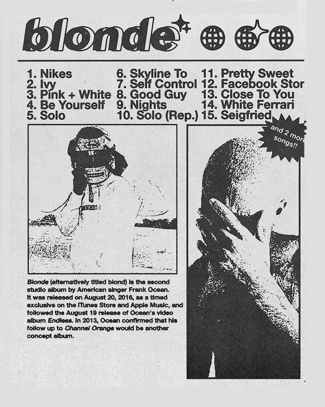 Frank Ocean's "Blond" with our retro-inspired poster. Capturing the essence of the iconic album, this visually striking piece seamlessly blends vintage aesthetics with modern vibes. Elevate your space with the timeless allure of "Blond" and immerse yourself in the magic of Frank Ocean's masterpiece. Blond Frank Ocean Poster, Blond Poster, Poster Frank Ocean, Blond Frank Ocean, Frank Ocean Poster, Wall Decor Music, The Wombats, Ocean Poster, Punk Poster