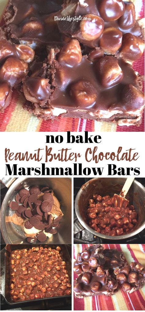 No Bake Peanut Butter Marshmallow Bars, No Bake Chocolate Marshmallow Squares, No Bake Marshmallow Bars, Peanut Butter Marshmallow Recipe, Peanut Butter Chocolate Chip Marshmallow Bars, Peanut Butter Chocolate Marshmallow Bars, Chocolate Peanut Butter Marshmallow Cups, Chocolate Peanut Butter Marshmallow Squares, Pb Marshmallow Squares