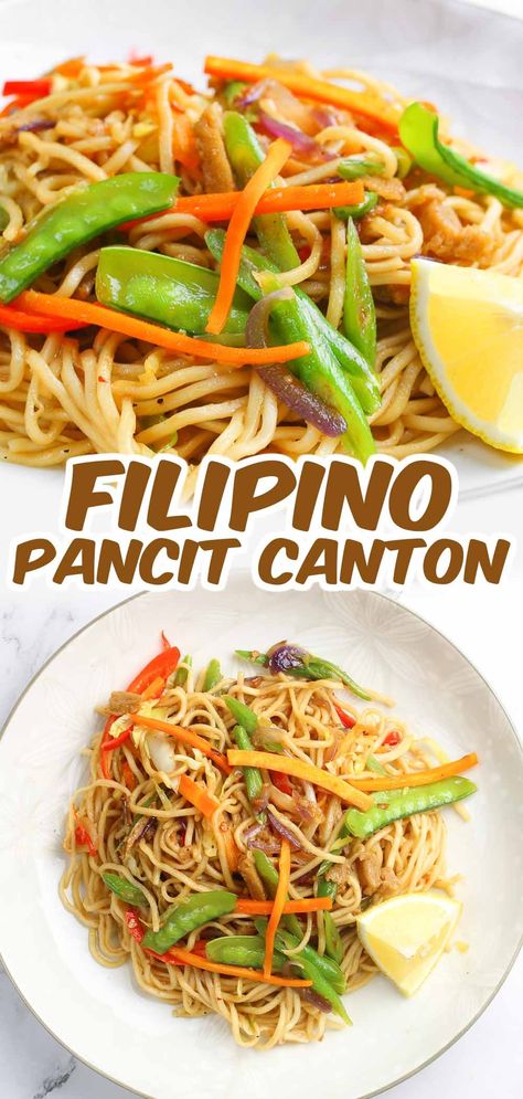 Try this quick and easy Vegan Pancit Canton, a popular Filipino stir-fried noodle recipe that is made with dried pancit canton, vegetables, savory sauce, and vegan meat. Serve this with steamed rice and enjoy a healthy and delicious meal for the whole family! Vegan Pancit, Pancit Canton Recipe, Canton Noodles, Vegan Filipino, Filipino Pancit, Noodles With Vegetables, Pancit Recipe, Pancit Canton, Great Vegan Recipes