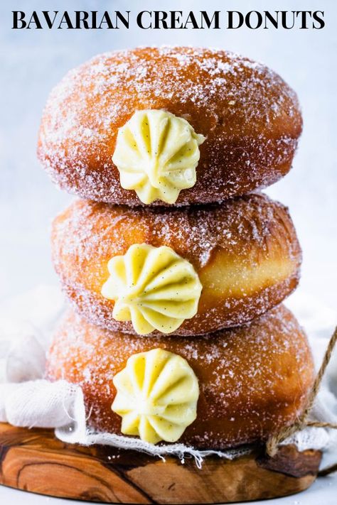 Bavarian Cream donuts with a vanilla bean pastry cream filling. #oktoberfest #bavarian #bavariandesserts #bavariancream #pastrycream #donuts #doughnuts #oktoberfestfood Cream Filled Donuts, Donut Filling, Pastry Cream Filling, Pembuat Roti, Homemade Donuts Recipe, Homemade Doughnuts, Oktoberfest Food, Bavarian Cream, Filled Donuts