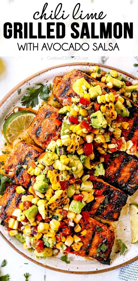 Summer Salmon Recipe, Summer Corn Recipes, Grilled Salmon Tacos, Chili Lime Salmon, Avocado Corn Salsa, Salmon With Avocado, Avocado Salsa Recipe, Salmon With Avocado Salsa, Bbq Salmon