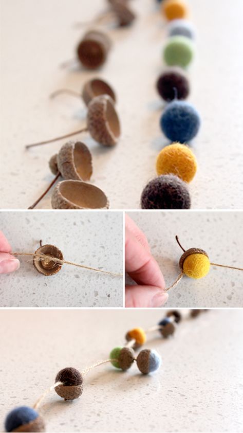 Felt Acorn, Crochet Christmas Garland, Acorn Garland, Felted Acorns, Acorn Crafts, Felt Balls, Needle Felting Projects, Autumn Crafts, Diy Garland