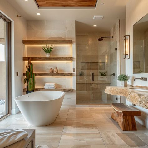 Bath In Middle Of Room, Garden Bathtub Master Bath, Fireplace By Bathtub, Spa Shower At Home, Bath By Window, Freestanding Bathtub Window, Wood Spa Bathroom, Long Master Bath, Bathroom Big Window