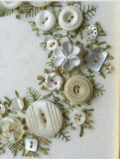 Uses For Old Buttons, Things To Make With Old Buttons, Cross Stitch With Buttons, Wall Art From Old Doilies, Old Button Crafts, Embroidery Over Painting, Old Buttons Ideas, Embroidery With Buttons Ideas, Button Stitching Ideas