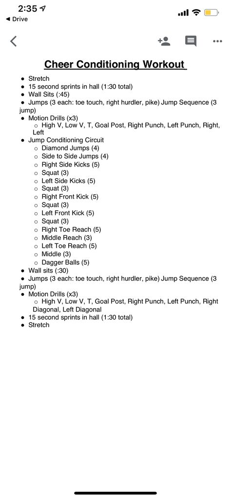 Cheerleader Conditioning Workout, Motion Drills Cheerleading, Cheer Workouts At The Gym, Elementary Cheer Coach, Cheer Strength And Conditioning, Team Conditioning Workouts, Conditioning For Cheerleaders, First Cheer Practice Ideas, Theme Practice Ideas Cheerleading