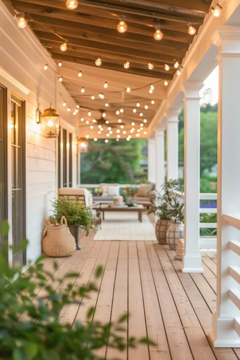 string lights strung on the ceiling of a coastal front porch in the summertime at dusk