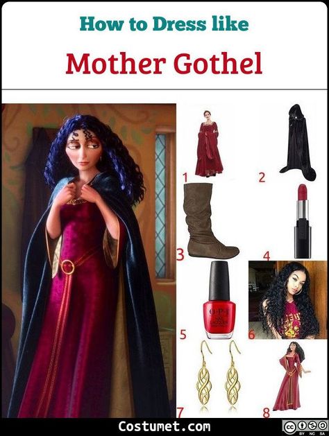 Gothel wears a long burgundy medieval dress, a black rope, golden earrings, and brown boots. She also has red nails and big and long curly dark hair.           #FairyTale #Disney #female #medieval #villain #witch #Tangled #fairytale #Rapunzel Mother Gothel Costume Diy, Mother Gothel Diy Costume, Dark Hair Costume Ideas, Long Black Hair Costume Ideas, Mother Gothel Costume, Mother Gothel Aesthetic, Female Villain Costumes, Dark Hair Halloween Costume Ideas, Tangled Mother Gothel