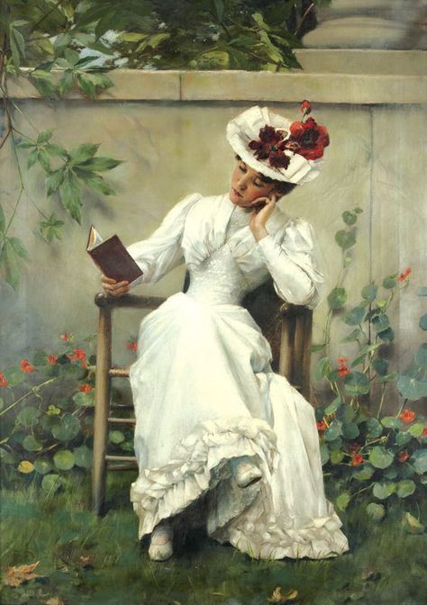 Lady with a Book in the Garden (1892) by Brunner František Dvořák (1862-1927). Oil on canvas. Paintings Of Women Reading, Inspire Photography, Victorian Prints, Bookish Art, Victoria Art, Interesting Photography, Istoria Artei, Women Reading, Academia Decor