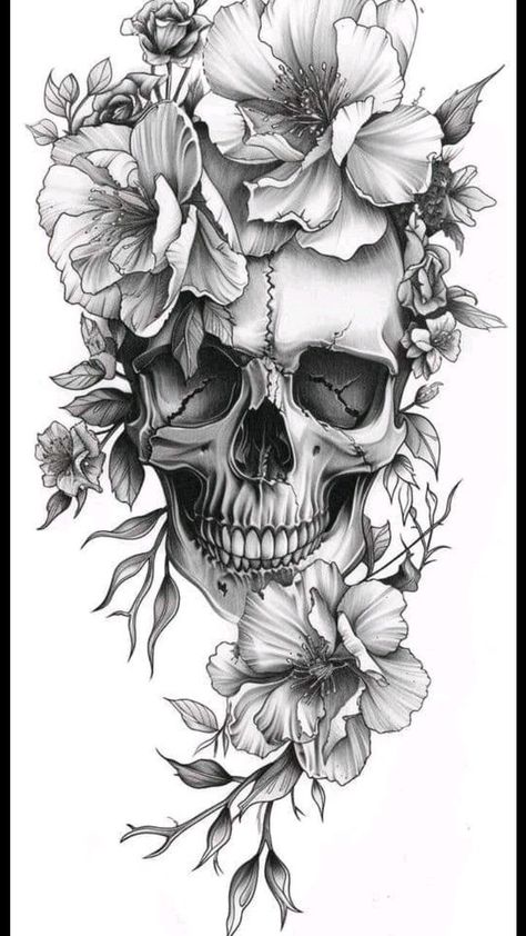 Pretty Skull Tattoos, Floral Skull Tattoos, Feminine Skull Tattoos, Wicked Tattoos, Floral Tattoo Sleeve, Geniale Tattoos, Tattoo Design Book, Badass Tattoos, Tattoo Art Drawings