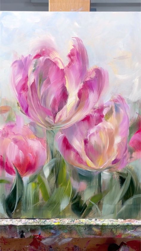 Canvas Painting Projects, Composition Painting, Tulip Painting, Tulips Art, Watercolor Flowers Tutorial, Acrylic Painting Flowers, One Flower, Landscape Wall Decor, Pink Painting