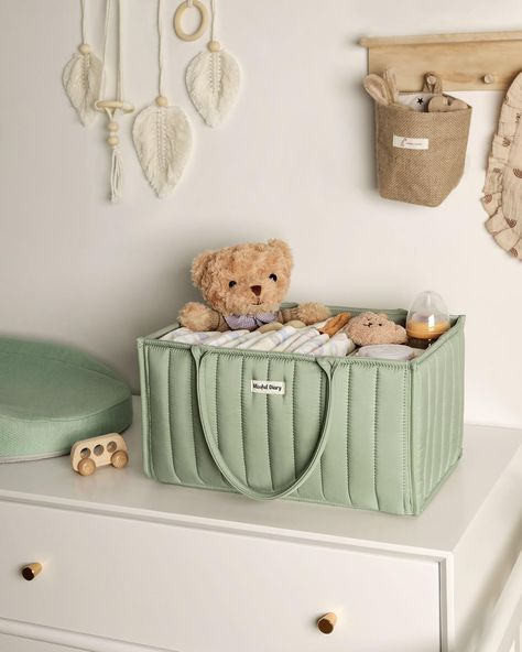 Baby Caddy with Handles and Removable Dividers - This nursery storage basket is equipped with sturdy and comfortable handles, allowing you to carry it effortlessly from room to room and onto car travel trips. The removable dividers provide flexibility in organizing the caddy according to your specific needs and keep it neat and organized. Baby Caddy Organizer, Diaper Station, Nursery Storage Baskets, Diaper Organizer, Newborn Gift Basket, Bedroom Boy, Newborn Room, Diaper Organization, Baby Registry Must Haves