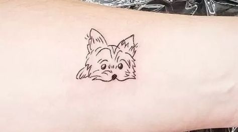 Mini Yorkie Tattoo, Tiny Yorkie Tattoo, Morkie Dog Tattoo, Yorkie Silhouette Tattoo, Yorkiepoo Tattoo, Yorkie Line Drawing, Yorkie Dog Tattoo, Yorkie Tattoo Outline, Yorkie Tattoo Small Outline