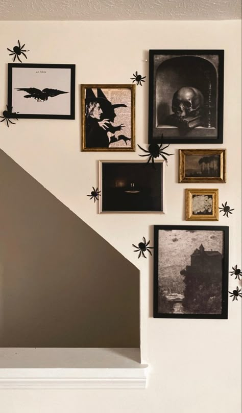 Spiders On Wall Halloween, Halloween Wall Gallery, Halloween Gallery Wall Printables, Fall Gallery Wall, Halloween Decor Aesthetic, Halloween Archway, Vintage Art Gallery Wall, Spooky Wall Decor, Vintage Art Gallery