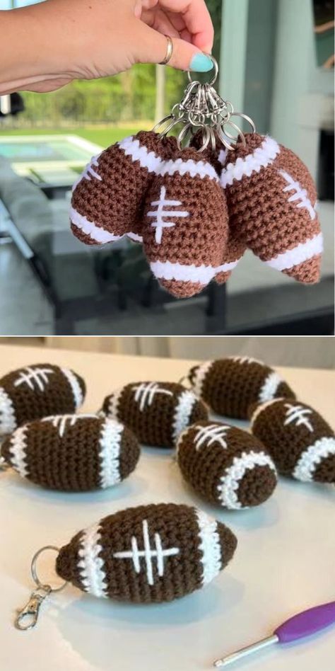 Crochet Football Pattern Free, Crochet Football Pattern, Amigurumi Ball, Crochet Keyring Free Pattern, Football Crochet, Market Crochet, Crochet Fish Patterns, Crochet Craft Fair, Football Keychain