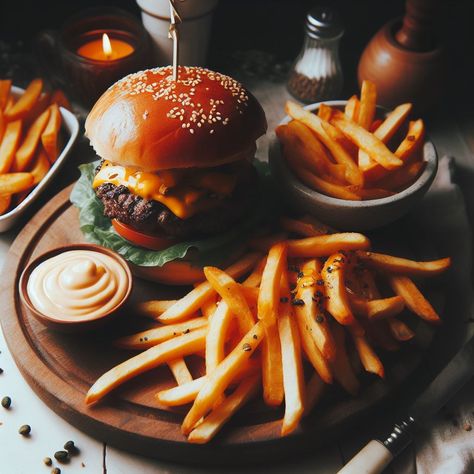 a juicy burger and crispy fries! The sizzle of the grill, the blend of flavors, and the satisfying crunch make for the ultimate comfort food experience. #BurgerLove #FriesAndBurger #FoodieDelights" Cheeseburger And Fries Aesthetic, Burgers And Fries Aesthetic, Burger And Fries Aesthetic, Gilmore Girls Food, Fries And Burger, Fries Aesthetic, Burger Aesthetic, Juicy Hamburgers, Hamburger And Fries