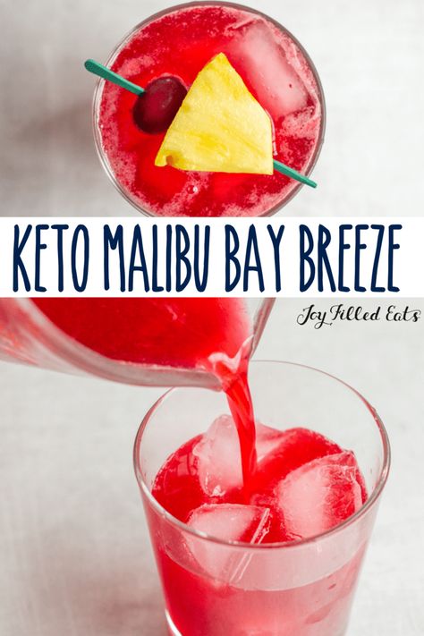 Malibu Bay Breeze will give you a refreshing burst of flavor. Made with fresh cranberries, coconut extract, pineapple extract, and rum. It's like a tropical island in one easy drink! It's keto, low-carb, sugar-free, gluten-free, grain-free, dairy-free, and THM friendly! Sugar Free Alcoholic Drinks, Low Sugar Alcoholic Drinks, Low Carb Alcoholic Drinks, Malibu Bay Breeze, Malibu Rum Drinks, Coconut Rum Drinks, Sugar Free Cocktails, Rum Drinks Recipes, Low Carb Cocktails