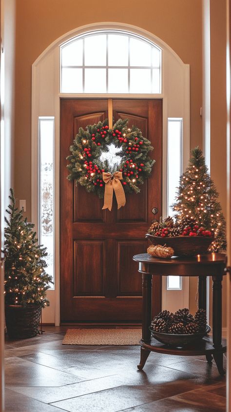 A festive entryway decorated for Christmas with a large, lush wreath hanging on the front door. The wreath is adorned with red berries, pinecones, and a simple burlap bow. Nearby, a small table holds a bowl of pinecones and greenery, with fairy lights softly illuminating the space, creating a warm and welcoming holiday feel. Main Door Christmas Decor, Wreath Inside House, Christmas Decor Ideas For Entry Table, Christmas Decor Ideas For Small Spaces, Christmas Entryway Table Decor, Christmas Entryway Table, Organized Christmas Decorations, Christmas Decorating Hacks, Wreath Inside