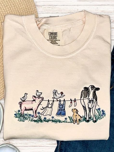 Barnyard Animals Embroidered on Comfort Colors T-shirt, Pig, Cow, Dog, Cottagecore, Gift - Etsy Farm Inspired Outfits, Fundraiser Shirt Ideas, Dog Cottagecore, Soft Cottagecore Aesthetic, Cow Dog, Clothes Embroidery Diy, Cozy Outfits, Cow Shirt, Barnyard Animals