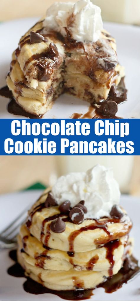 Chocolate Chip Cookie Pancakes - light and fluffy pancakes that taste like your favorite cookie! Top with chocolate chips, and whipped cream for a fun treat! Cookie Pancakes, Chewy Chocolate Chip Cookies Recipe, Light And Fluffy Pancakes, Pancake Mix Recipes, Pumpkin Cream Cheese Muffins, Chocolate Chip Pancakes, Breakfast Bites, Pumpkin Cream Cheeses, Chewy Chocolate Chip Cookies