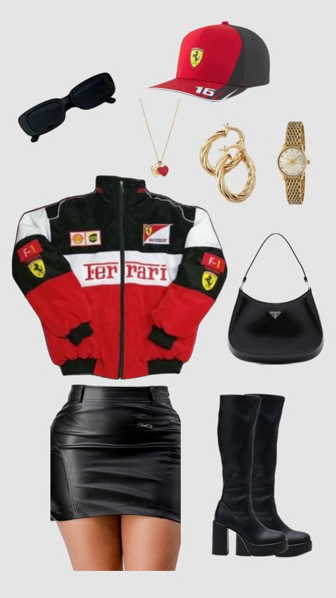 f1 race day outfit #f1 #f1driver #f1aesthetic #f1wag #ferrari #ferrarif1 #charlesleclerc Wag Aesthetic, Racing Theme, Race Outfit, F1 Race, Race Day Outfits, Ferrari F1, Girl Fits, Bid Day, Themed Outfits